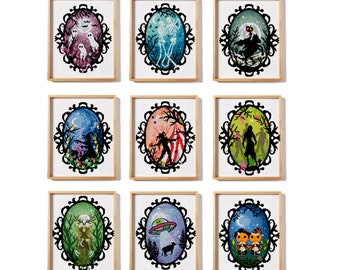 Set of 9 Spooky cross stitch pattern Spooky mirror counted cross stitch pattern gothic cross stitch horror Digital Format - PDF