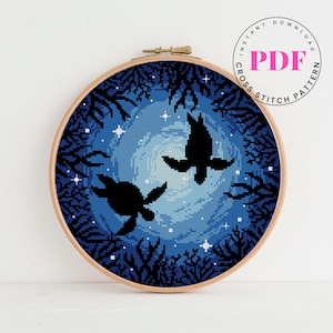 Sea Turtle Cross Stitch Pattern PDF | Ocean Night Embroidery Design | Underwater Hoop Art | Instant Download Nautical Decor