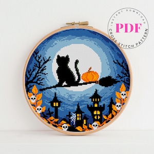 Witch Cat Cross Stitch Pattern PDF – Halloween Embroidery with Pumpkin, Moon & City – Magical Digital Stitch Art for Decor