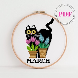 March Cat Cross Stitch Pattern PDF | Black Cat with Tulips and Hyacinths | Monthly Floral Cat Embroidery | Cute Spring Stitching