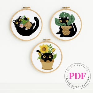 Ensemble de motifs de point de croix chat noir – Chats mignons dans des pots de fleurs – Broderie PDF amusante – PDF à télécharger instantanément – Lot de points de plantes modernes