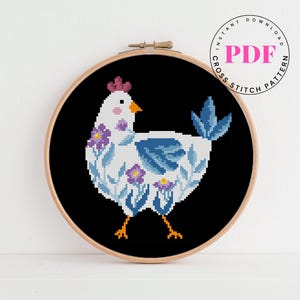 Floral Chicken Cross Stitch Pattern PDF – Folk Art Hen Embroidery Design – Modern Farmhouse Bird Sampler – Instant Download