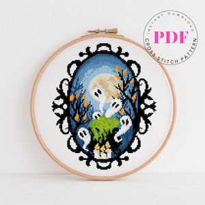 Ghost Cross Stitch Pattern PDF – Spooky Haunted Forest Embroidery – Halloween Gothic Hoop Art – Instant Download – Witchy Decor Chart