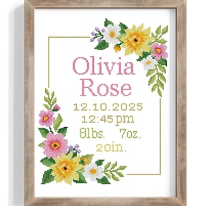 Padrão de ponto cruz para anúncio de nascimento em PDF | Amostra de nomes florais para bebês | Bordado de estatísticas de recém-nascidos personalizável | Download instantâneo