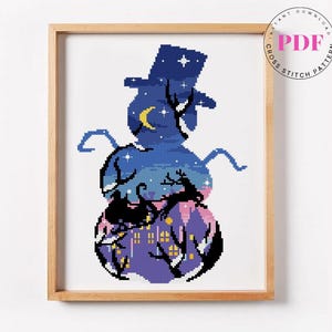 Christmas Snowman Cross Stitch Pattern PDF, Santa Silhouette Winter Scene, Holiday Embroidery Hoop Art, Modern Xmas PDF Design