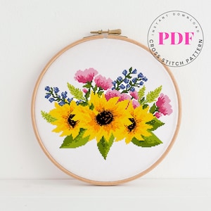 Bloemenboeket geteld kruissteekpatroon zonnebloem kruissteekpatroon eenvoudige kruissteekkaart Digitaal formaat - pdf
