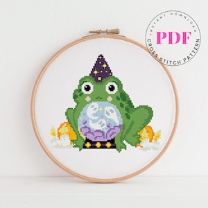 Witch Frog Cross Stitch Pattern PDF | Magical Toad with Crystal Ball | Cute Halloween Embroidery | Fantasy Frog PDF | Instant Download
