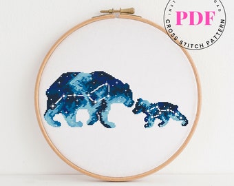 Ursa Major and Ursa Minor animal cross stitch pattern landscape cosmos starry sky nature cross stitch pattern bear Digital Format - PDF)