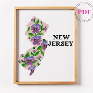 Korsstygnsmönster i PDF-format från New Jersey, broderidesign med delstatskartor, korsstygn med violett blomma, blommigt USA-kartamönster, direktnedladdning