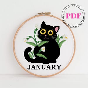 Januari kat kruissteekpatroon pdf – sneeuwklokje bloemen geboortemaand – bloemen kalender kat – schattig maandelijks kitten borduurontwerp