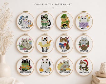 12 Cats for 12 Months Cross Stitch Pattern PDF, Seasonal Cat Embroidery Design, Funny Monthly Cat Sampler, Modern Cross Stitch PDF