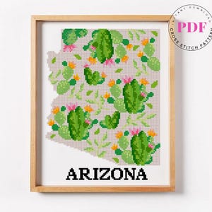 Patrón de punto de cruz de Arizona (PDF) / Mapa floral del estado de cactus / Diseño de bordado del desierto / Decoración moderna de EE. UU. / Descarga digital instantánea
