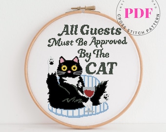 Todos los invitados deben ser aprobados por el patrón de punto de cruz del gato, bordado divertido, descarga instantánea en PDF.