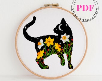 Black Cat Floral Cross Stitch Pattern PDF | Moon & Daffodil Embroidery | Witchy Night Cat Modern Needlework