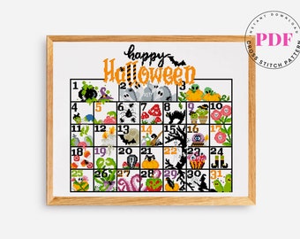 Halloween Calendar Cross Stitch Pattern Spooky Horror cross stitch chart Digital Format - PDF