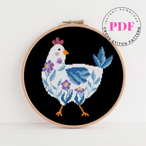 Chicken cross stitch pattern floral cross stitch design animal cross stitch pattern bird nature flowers Digital Format - PDF