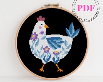 Chicken cross stitch pattern floral cross stitch design animal cross stitch pattern bird nature flowers Digital Format - PDF