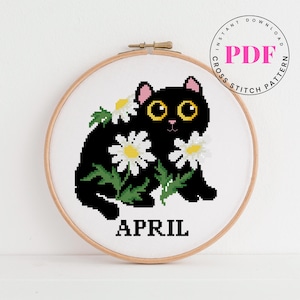 April Cat Cross Stitch Pattern PDF | Black Cat with Daisies | Spring Kitty Embroidery | Cute Monthly Cat Series | Instant Download