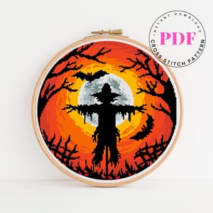 Griezelige vogelverschrikker halloween kruissteekpatroon landschap kruissteekkaart modern borduurwerk horror x-steekpatroon Digitaal formaat - pdf