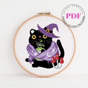 Witch Cat Cross Stitch Pattern PDF – Cute Black Cat in Purple Hat – Halloween Embroidery – Magic Animal Decor – Instant Download PDF
