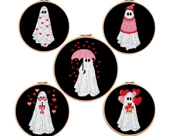 Set of 5 Valentine's Day ghosts cross stitch pattern love cross stitch design easy cross stitch spooky cross stitch Digital Format - PDF