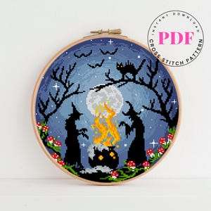 Heksen kruissteekpatroon Halloween kruissteekpatroon Spookachtige kruissteekkaart Borduurhorror kruissteek Digitaal formaat - pdf