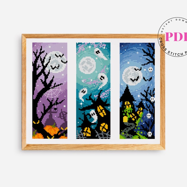 Set di 3 segnalibri schema punto croce Halloween Schema punto croce spettrale Schema punto croce horror Bat strega Formato digitale - PDF