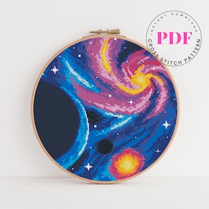Galaxy Cross Stitch Pattern PDF | Space Planets Meteorites Black Hole Embroidery | Cosmic Digital Download | UFO Cross Stitch | Sci-Fi Decor