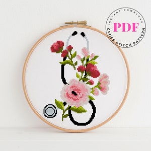 Stethoscope counted cross stitch pattern floral cross stitch chart Medical cross stitch pattern Nurse Life Digital Format - PDF