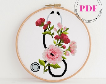 Stethoscope counted cross stitch pattern floral cross stitch chart Medical cross stitch pattern Nurse Life Digital Format - PDF