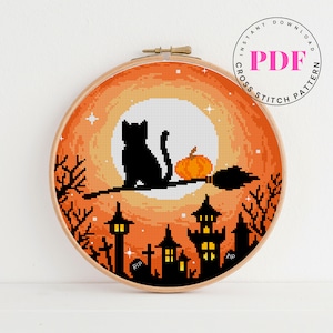 Cat halloween cross stitch pattern landscape embroidery design animal cross stitch chart Instant holiday gift spooky Download PDF