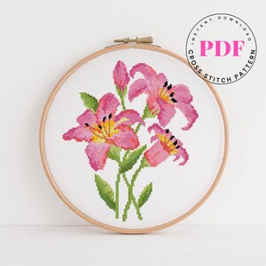 Lily Cross Stitch Pattern Floral Embroidery Design Modern Botanical Needlework Digital Download - PDF