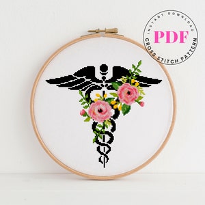 Caduceus-symbool kruissteekpatroon Bloemen kruissteekpatroon medicijn kruissteekkaart Digitaal formaat - pdf
