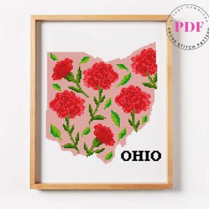 Ohio-kruissteekpatroon | Staat anjerborduurwerk | Moderne kaart hoepelkunst VS | Directe pdf-download | Digitaal patroon