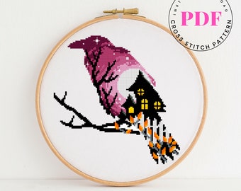 Raven silhouette counted cross stitch pattern Halloween cross stitch pattern bird cross stitch chart Digital Format - PDF