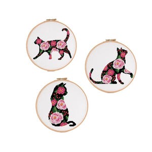 Set van 3 katten met bloemen silhouet kruissteekpatroon roze rozen en groene bladeren kat, dier, bloem, natuur Digitaal formaat - pdf