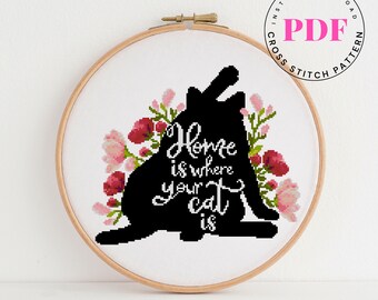 Home is where your cat is quote cross stitch pattern cat cross stitch chart funny cross stitch pattern Digital Format - PDF