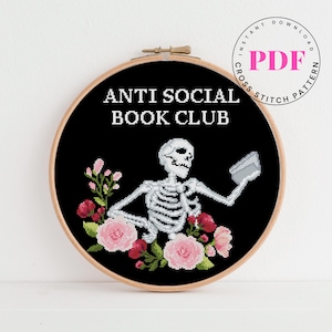 Anti-sociale boekenclub citaat kruissteekpatroon schedel kruissteek digitaal formaat - pdf