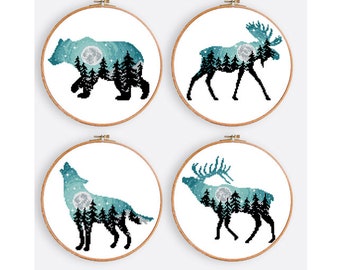 Set of 4 animals cross stitch pattern nature cross stitch design landscape easy cross stitch chart Digital Format - PDF