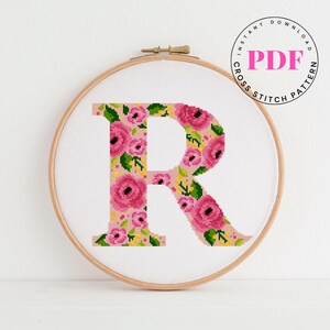 Letter R bloemen modern kruissteekpatroon Eenvoudig kruissteekschema monogram eerste kruissteekontwerp digitaal formaat - pdf