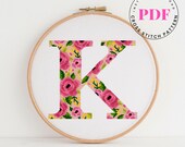 Letter K Floral Modern Cross Stitch Pattern Easy Cross Stitch Chart Monogram Initial Cross Stitch Design Digital Format - PDF