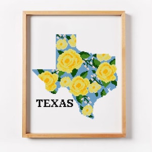 Texas state Modern Cross Stitch Pattern Floral counted cross stitch pattern yellow roses USA states modern embroidery (Digital Format - PDF)