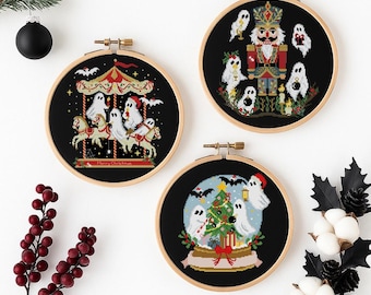 Kerstgeest kruissteekset pdf | Spookachtig leuk vakantiedecor | Gotische kerstpatronen | Grappige spooksteekbundel | Direct downloaden