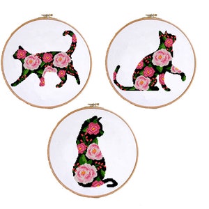 Floral cat silhouette set counted cross stitch pattern pink roses and green leaves cat lovers cat mom wall decor (Digital Format - PDF)