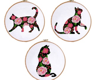 Floral cat silhouette set counted cross stitch pattern pink roses and green leaves cat lovers cat mom wall decor (Digital Format - PDF)