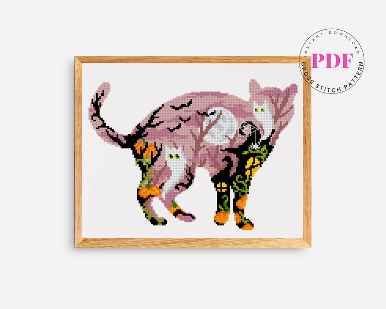 Halloween cat counted cross stitch pattern Digital Format PDF image 1