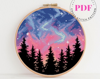 Landscape Cross Stitch Pattern starry sky cross stitch nature forest home decor Cross Stitch pattern modern embroidery (Digital Format PDF)