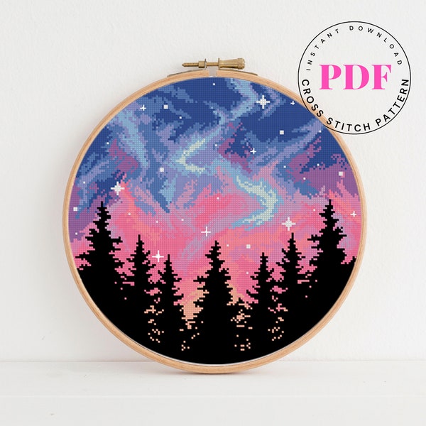 Landscape Cross Stitch Pattern starry sky cross stitch nature forest home decor Cross Stitch pattern modern embroidery (Digital Format PDF)