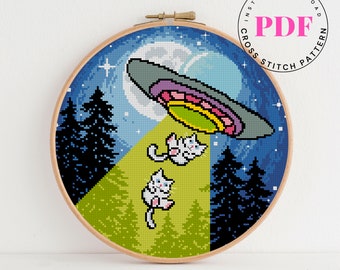 UFO cross stitch pattern easy counted cross stitch pattern cat cross stitch pattern embroidery design Digital Format - PDF