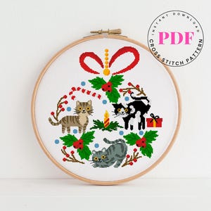Kerst kruissteekpatroon schattige kat kruissteekkaart nieuwjaar borduurontwerp kerstcadeau Digitaal formaat - pdf